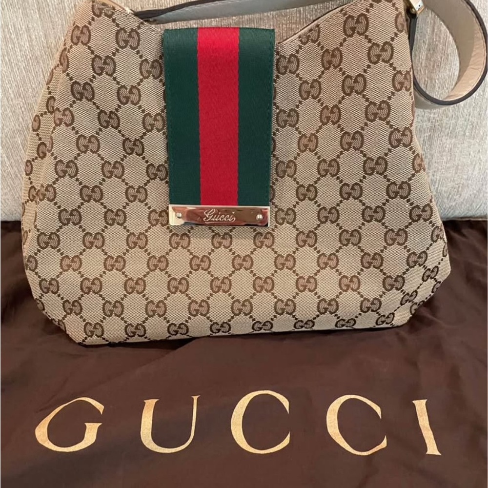 Gucci Green and Brown Monogram Shoulder Bag with Bold Stripe